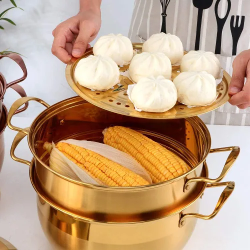 Vista 6 de Juego de vaporizador de acero inoxidable resistente de alta calidad, 3 niveles, incluye 2 ollas de cocina, 1 septa y tapa para cocinar al vapor