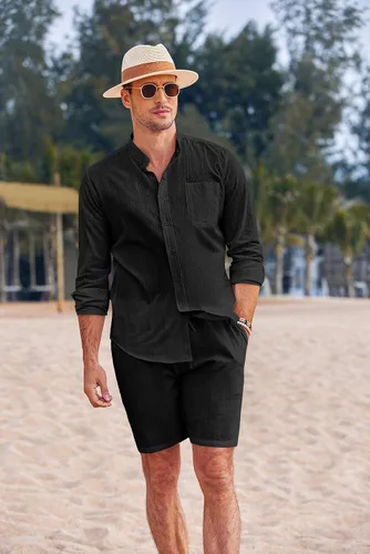 Vista 2 de COOFANDY Conjuntos de lino para hombre, 2 piezas, camisa de manga larga y pantalones cortos casuales con cordón en la cintura, trajes de verano