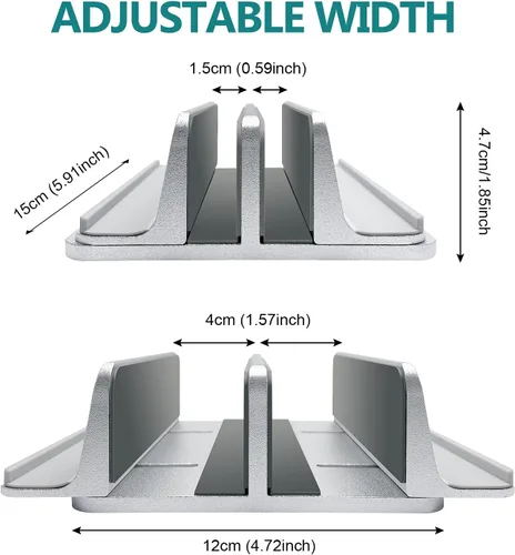 Vista 5 de Soporte vertical para computadora portátil para escritorio de metal resistente, 4 ranuras ajustables 4 en 1 vertical MacBook Stand Rack Pro Soporte