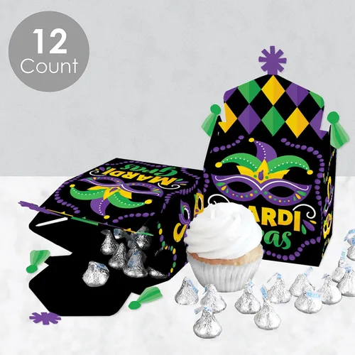 Vista 3 de Big Dot of Happiness Máscara colorida de Mardi Gras, caja de golosinas, recuerdos de fiesta, cajas de golosinas para fiesta de máscaras, juego de 12