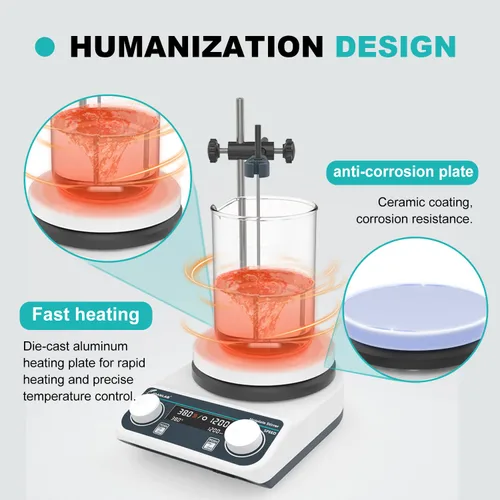 Vista 5 de JOANLAB HS5C Magnetic Stirrer Hot Plate, 3L, 280℃ 200-1500RPM 5 inch ceramic coated hot plate, 280℃/536℉ max, digital speed control, external temp
