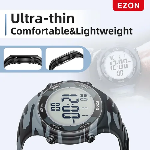 Vista 5 de EZON Reloj digital 5ATM impermeable cronómetro con temporizador de cuenta regresiva, cronógrafo, temporizador de solapa, retroiluminación ELalarma