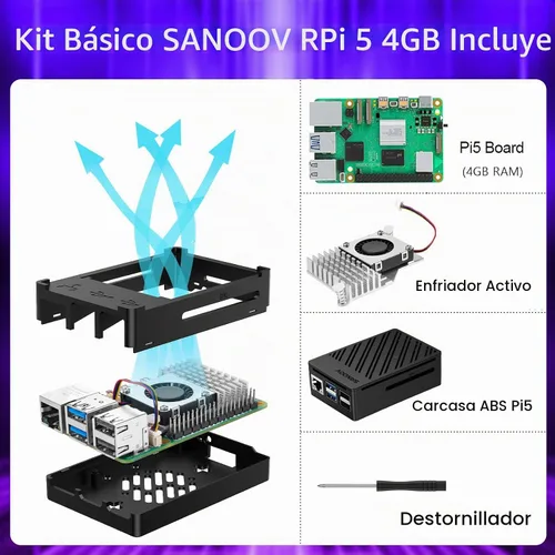 Vista 2 de Kit Básico SANOOV para Raspberry Pi 5 4GB RAM con Enfriador Activo, Placa Única Rpi 5 4GB y Estuche ABS Incluido