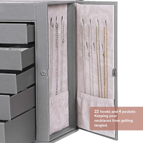 Vista 5 de ANWBROAD Caja de joyería grande de 6 niveles organizador de joyas con cerradura de espejo caja de joyería para niñas aretes anillos collares