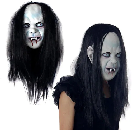 Vista 5 de LUOEM Halloween terror Grimace fantasma máscara larga peluca de pelo Grudge Sadako fantasma espeluznante disfraz máscara para Halloween fiesta