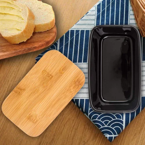 Vista 3 de Mantequillera con tapa, recipiente de porcelana con tapa de madera para mantequilla, apto para microondas, contenedor de almacenamiento