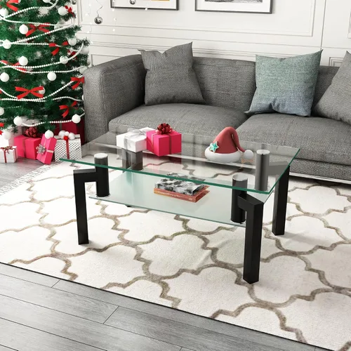 Vista 3 de Mesa de centro de cristal, mesa auxiliar moderna con patas de metal, mesa de centro de cristal para sala de estar, color negro