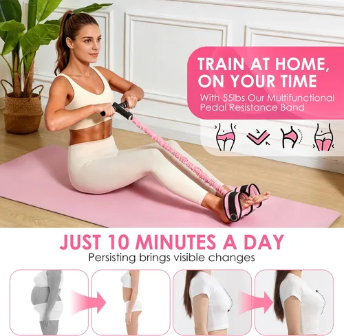 Vista 2 de Pedal Resistance Bands with Handles Working Out Exercise Equipment for Legs gris-rosa