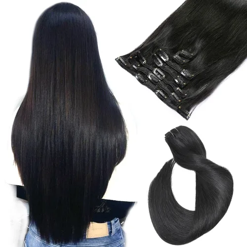 Vista 13 de Extensiones de cabello con clip Ubetta de cabello humano real, extensiones de cabello negro azabache con clip, 7 piezas, 70 g, extensiones