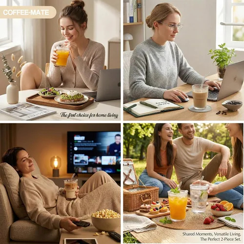 Vista 7 de Haundry Tazas de vidrio acanalado de 14 onzas con tapas y pajitas, paquete de 2 tazas de café helado, juego de cristalería gruesa, tazas de vidrio
