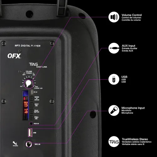 Vista 3 de QFX PBX-8008SM TWS - Altavoces portátiles recargables con Bluetooth de 8 pulgadas con adaptador de CA y micrófono, color negro