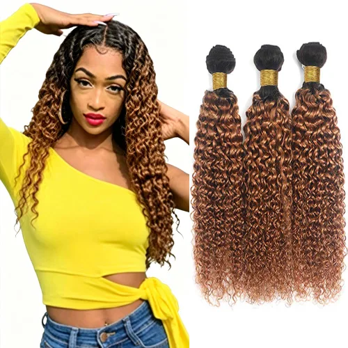 Vista 150 de P4613 Cabello humano rizado onda profunda marrón y paquetes mixtos 8 10 12 P4613 Ombre Marrón-Rubio-DP