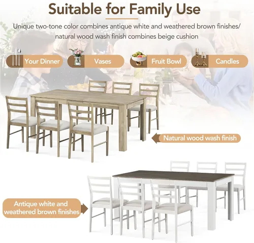 Vista 2 de Juego de comedor de madera de 7 piezas, mesa extensible multifuncional con hojas de 12 pulgadas y 2 cajones, más 6 cómodas sillas de comedor