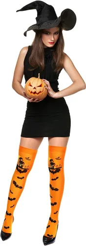 Vista 2 de Boao Calcetines altos hasta la rodilla de Halloween para mujer, hasta el muslo, largos por encima de la rodilla, medias de murciélago araña