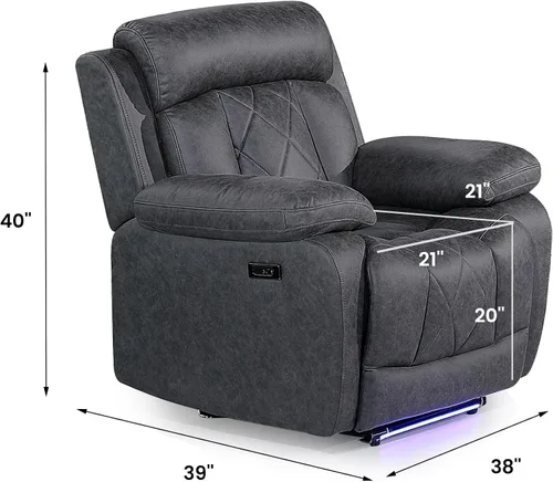 Vista 2 de Betsy Furniture Silla reclinable eléctrica de microfibra suave, luz LED, tipo C y cargador USB, reclinable gris humo 9052 (potencia, silla)
