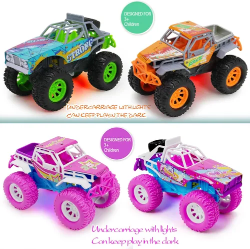 Vista 3 de Pink Toys Auto para niña pequeña, paquete de 2 camiones de juguete Push and Go de 6.3 pulgadas para niños de 3, 4, 5, 6 años, con luces LED, música