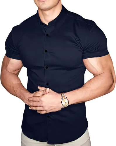 Vista 4 de Casual Men's Muscle Fit Dress Shirts Short Sleeve Athletic Fit Button Down Shirts