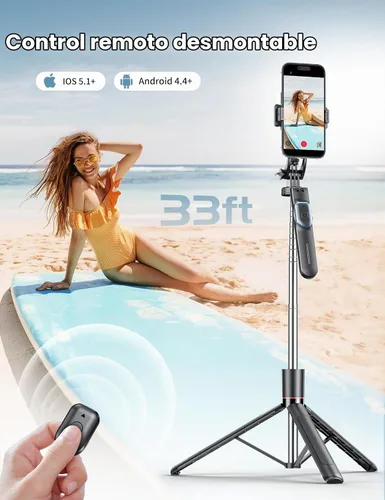 Vista 5 de Trípode para selfie stick de 67 pulgadas con luz, soporte de teléfono básico para iPhone y Samsung, trípode extensible todo en uno con control