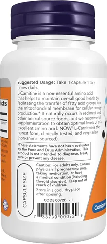 Vista 3 de NOW Suplementos, L-carnitina 500 mg, forma más pura, aminoácidos, soporte de fitness*, 60 cápsulas vegetales