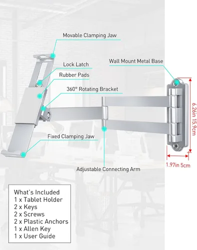 Vista 7 de AboveTEK Soporte de pared para tablet, soporte de tableta de rotación de 360° con brazo de extensión, soporte de cocina antirrobo para tabletas de 7