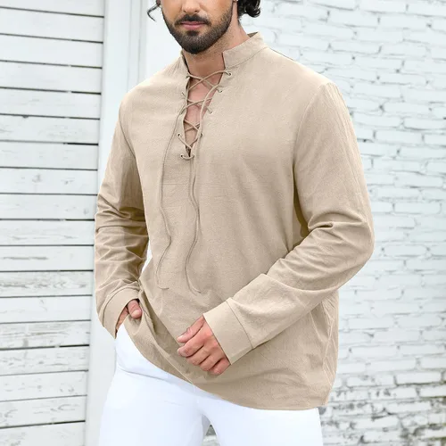 Vista 3 de Camisa medieval renacentista pirata para hombre, manga larga, vikinga, gótica, steampunk, Halloween, cosplay, fiestas