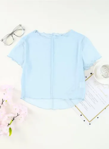 Vista 8 de Allytok Camisetas cortas de malla para mujer, de verano, manga corta, cuello redondo, transparente, Y2K