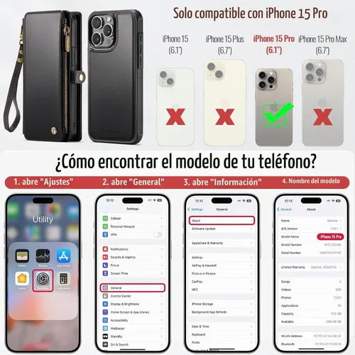 Vista 7 de Defencase Funda Magnética de Cartera para iPhone 15 Pro Compatible con Magsafe con Bloqueo RFID Correa con Cremallera Portador de Tarjetas