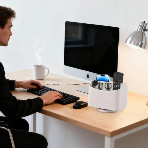 Vista 3 de Soporte de cuero para control remoto giratorio de 360 grados, organizador giratorio de escritorio para mandos a distancia de TV, bolígrafo, Beige