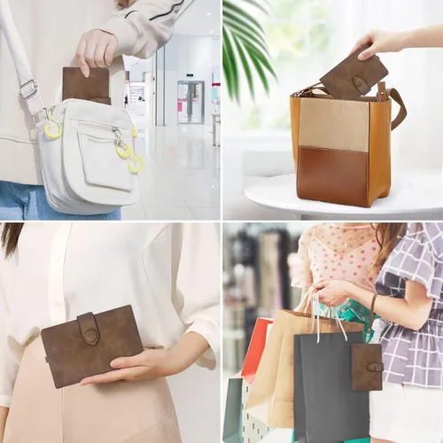 Vista 6 de Billeteras con bloqueo RFID para mujer, de gran capacidad, de cuero suave, cartera pequeña con correa para la muñeca, Marrón, Casual