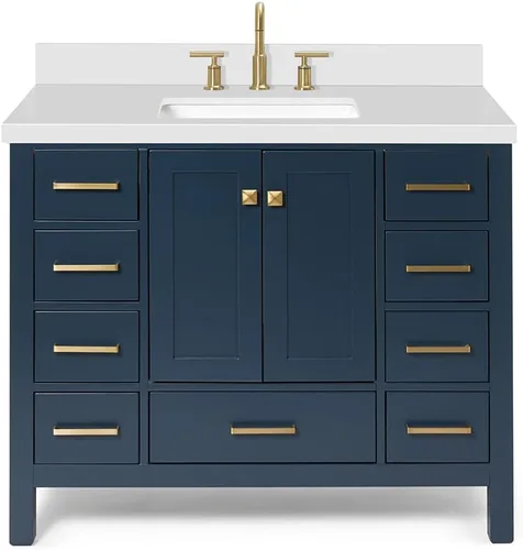 Vista 5 de ARIEL Cambridge - Mueble de baño con lavabo de 42 pulgadas, madera maciza, encimera de cuarzo blanco puro de 1.5 pulgadas, fregadero rectangular