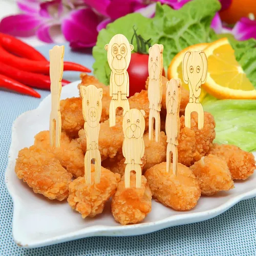 Vista 4 de BLUE TOP 100 piezas de lindos animales de alimentos para fiestas, mini tenedores de bambú de 3.5 pulgadas, palillos de comida de bambú