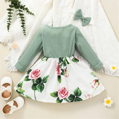 Vista 3 de Baby Girls Floral Dresses Headband Outfits Splice Floral Rib Ruffle Bow Princess Dress Long Sleeve Skirts Set Toddler Kids