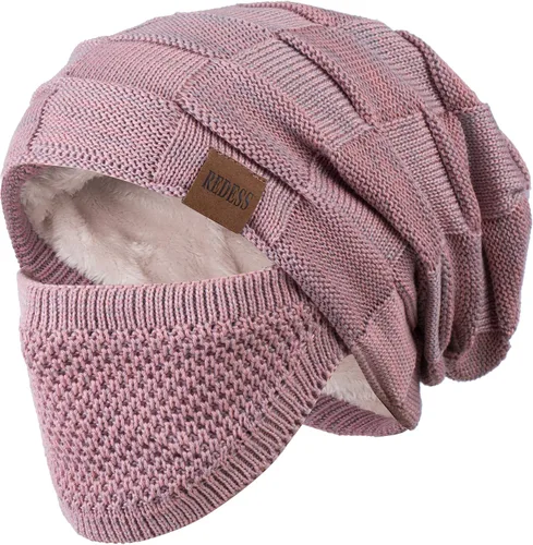 Vista 5 de REDESS Gorro para hombre y mujer, gorro de invierno cálido de punto holgado grueso con cubierta facial D2 Negro
