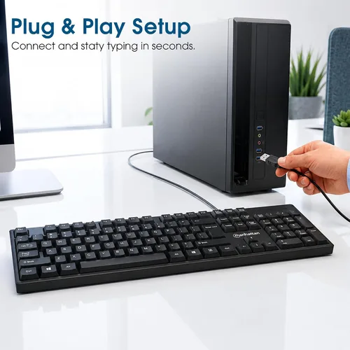 Vista 6 de Manhattan Teclado de computadora con cable – Teclado negro básico – con cable USB-A de 4.5 pies, 104 teclas, soportes plegables – Compatible