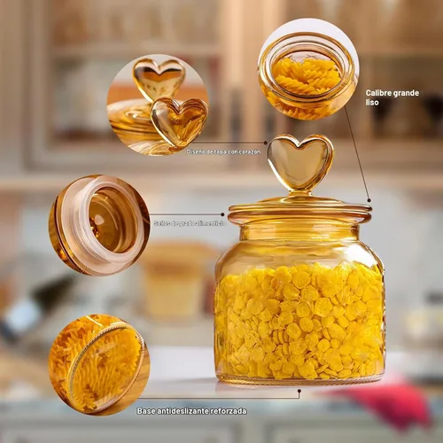 Vista 3 de BigNoseDeer Tarros de vidrio en forma de corazón de 22 onzas con tapa hermética para cocina, recipientes de almacenamiento de alimentos, contenedor