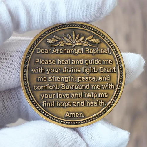 Vista 4 de Moneda de desafío Arcángel Rafael – Ficha curativa de aleación de zinc de 1.57 pulgadas con oración inspiradora para fortaleza y paz, para salud