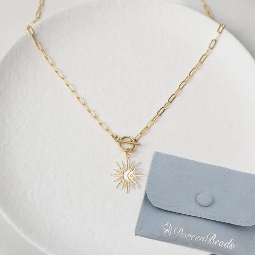 Vista 7 de DoreenBeads 18K Gold Plated Sun Moon Star Evil Eye Pendant Necklace Toggle Paperclip Chain Necklace Jewelry Gift for Women Girls