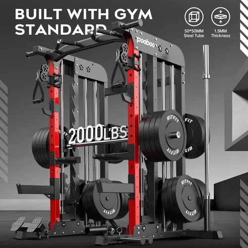 Vista 2 de pooboo Multi-Functional Machine Power Cage, 2000LB Squat Rack, LAT-Pull Down System, Dual Pulley Cable Crossover System, Home Gym Workout Machine