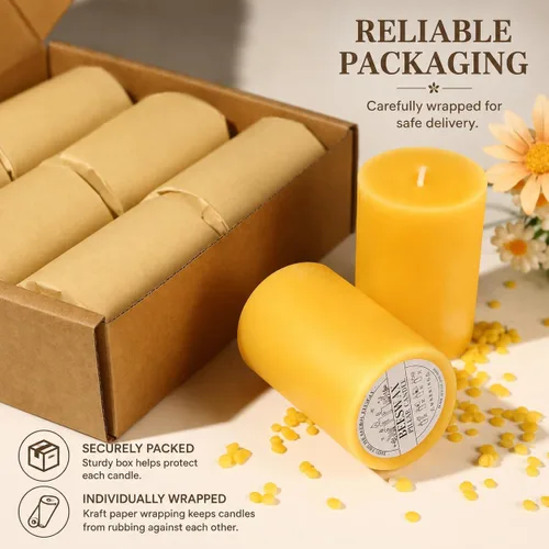 Vista 9 de Velas de pilar de cera de abeja natural, no tóxicas, 2 x 3 pulgadas, paquete de 6, 192 H de combustión larga Amarillo