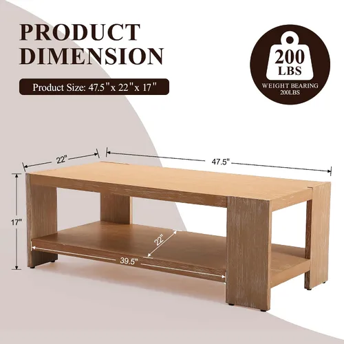 Vista 2 de chairus Mesa auxiliar de 47 pulgadas con almacenamiento de 2 niveles, mesa central rectangular de granja con patas de madera de pino maciza