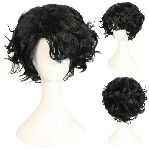 Vista 6 de Peluca negra para hombre, corta, esponjosa, rizada, color negro Negro (Natural Black)
