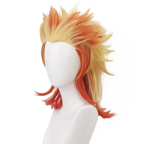 Vista 4 de maysuwell Rengoku Kyoujurou - Peluca de anime Demon Slayer, pelucas de cosplay de pelo corto amarillo para hombres y mujeres para Halloween