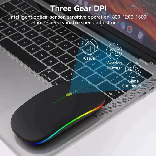 Vista 2 de Ratón Bluetooth inalámbrico, modo dual ultrafino recargable (Bluetooth 5.2 + receptor USB de 2.4 GHz) con luz LED colorida y clic silencioso, mouse