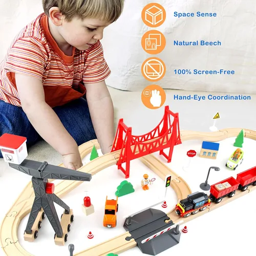 Vista 5 de WOOD CITY Juego de tren de madera, 56 piezas de lujo para niños de 2, 3, 4, 5 años, pista de tren temática de carga con grúa torre y puente