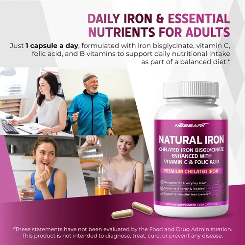 Vista 10 de Bisglicinato de hierro natural Nessarit 6 en 1 con vitamina C, 150 cápsulas