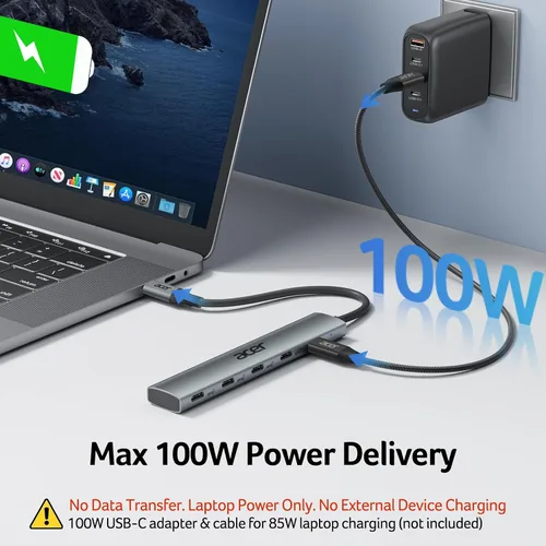 Vista 4 de Acer Hub USB C de 10 Gbps, divisor USBC con 4*USB C 3.2 y puerto PD de 100W, adaptador multipuerto de transferencia rápida tipo C compatible