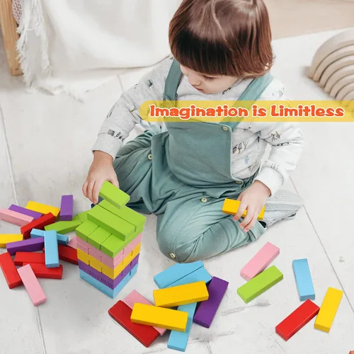 Vista 11 de Gentle Monster Juegos de mesa apilables coloridos de madera, bloques de construcción para niños y niñas, 54 bloques de equilibrio de madera, juguete
