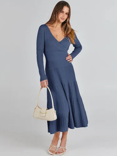 Vista 9 de ANRABESS Vestido midi cruzado tipo suéter para mujer, manga larga, cuello en V, cintura alta, acanalado, plisado, vestido acampanado