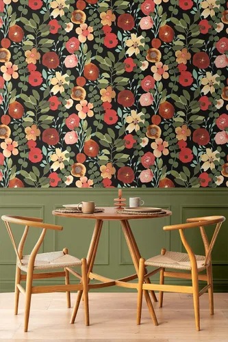Vista 4 de NextWall Garden Dance Floral - Papel tapiz para despegar y pegar (negro azabache y rubí)