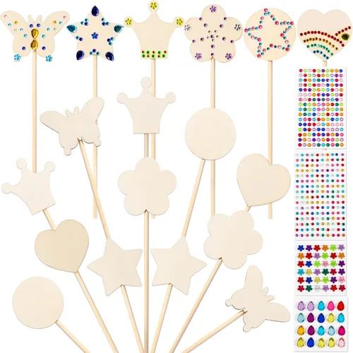 Vista 9 de El kit de varitas de hadas de princesa Pllieay incluye 18 piezas de 6 estilos de varita de princesa de madera sin terminar, coronas de papel dorado